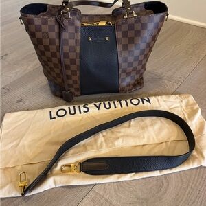Louis Vuitton Brown Damier Ebene Tote with Black Leather Center Panel